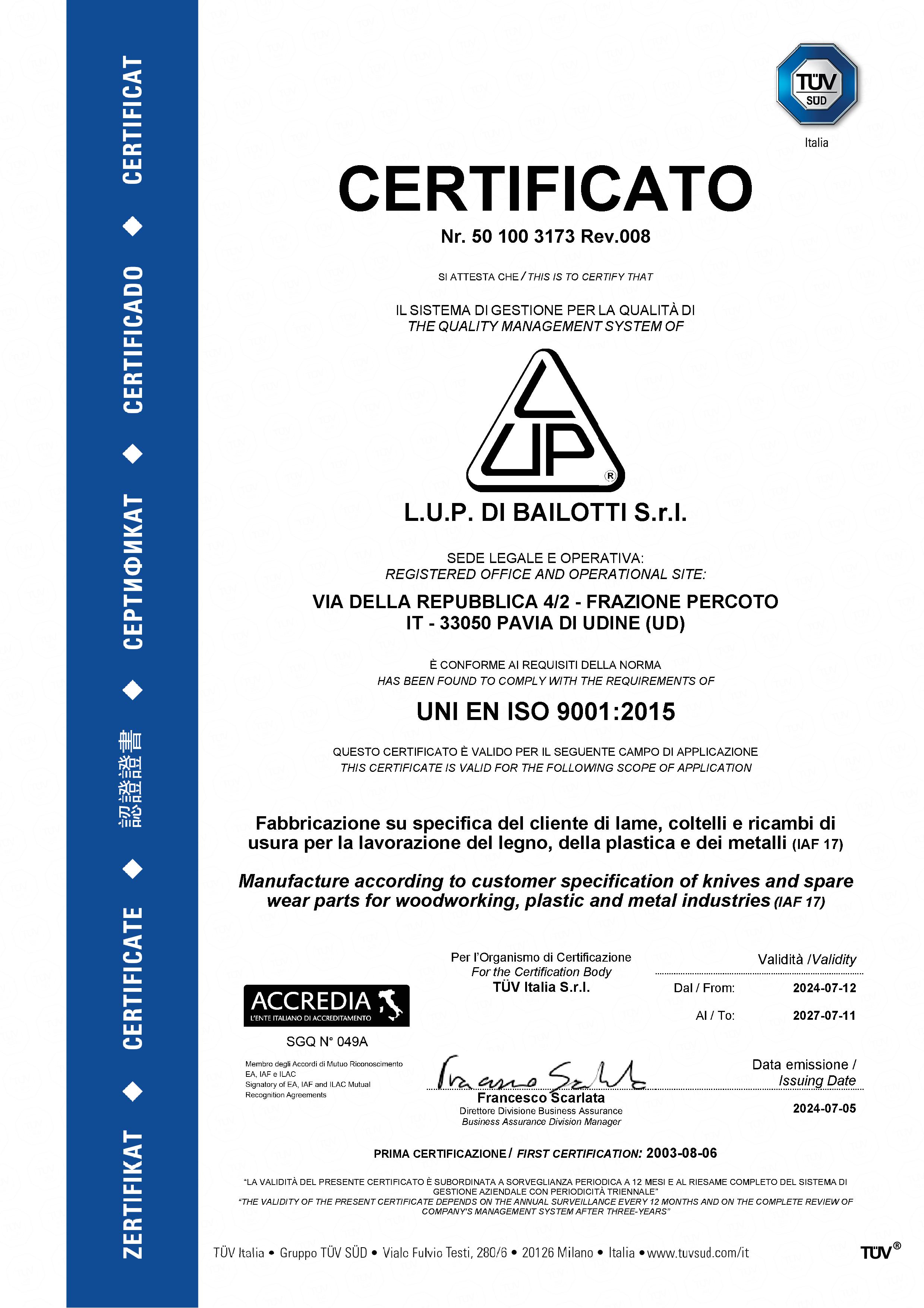 Certificato TUV